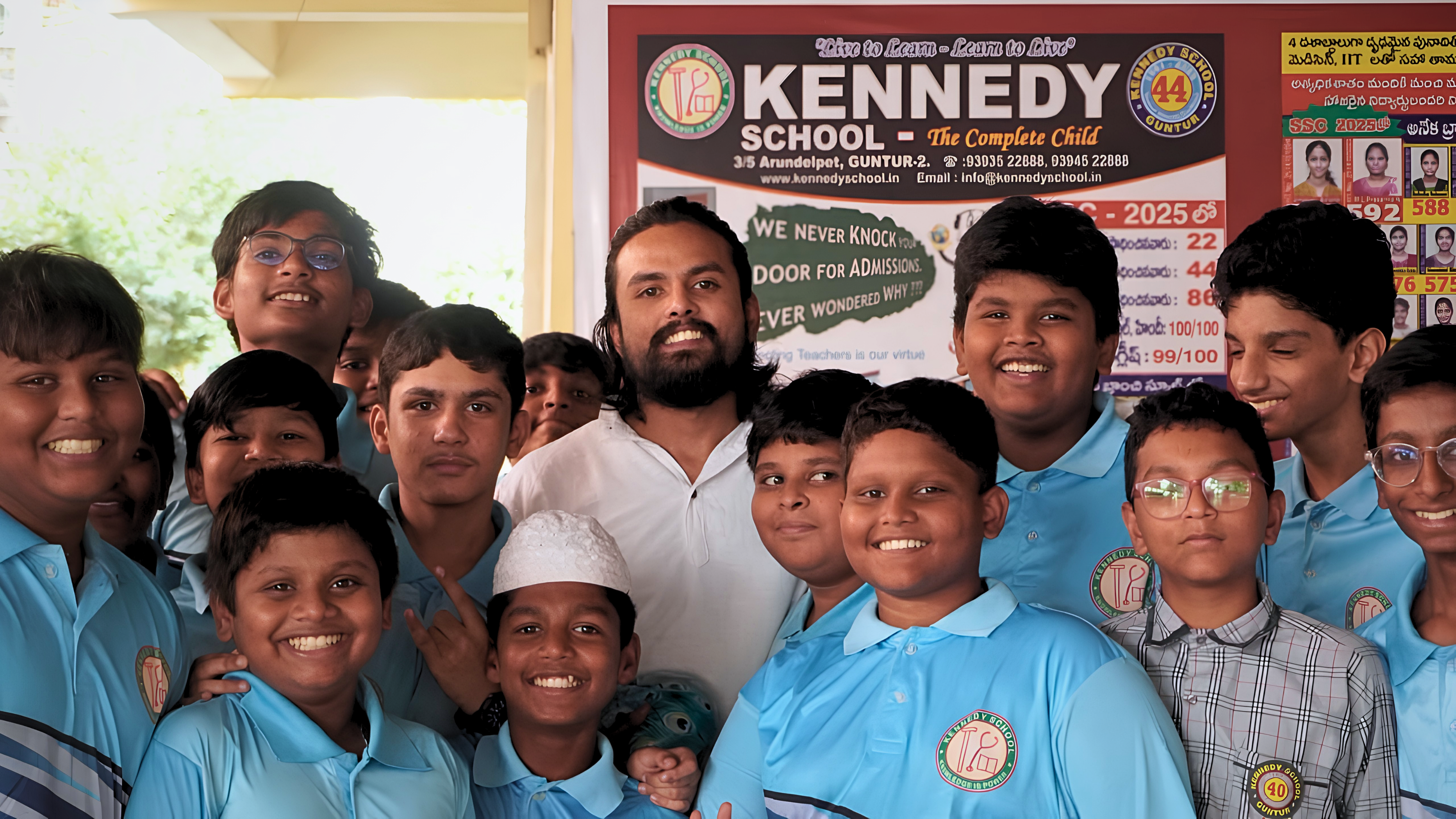 Sai Teja conducting a student mindfulness and Happy Drums workshop at Kennedy School in Guntur